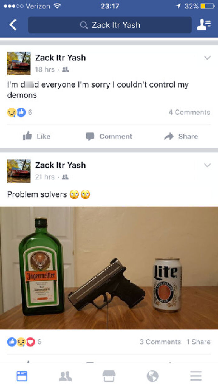 Facebook posts showing troubling messages with alcohol, gun, and beer can on table in creepy photos