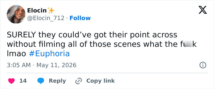 A tweet by Elocin, @Elocin_712, about Euphoria scenes, sparking discussion on Sydney Sweeney career.