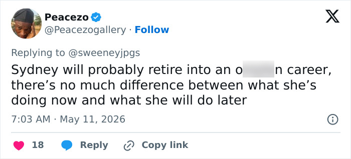 A tweet from @Peacezogallery, discussing Sydney Sweeney's career choices and the Euphoria scenes.