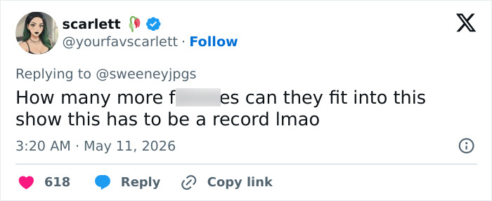 A tweet by Scarlett discusses how many explicit scenes Euphoria includes, relevant to Sydney Sweeney fans.