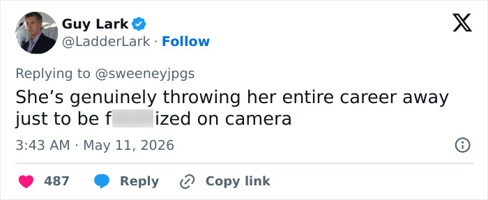 A tweet from Guy Lark discussing Sydney Sweeney's career, with a partially censored word and likes/replies visible.