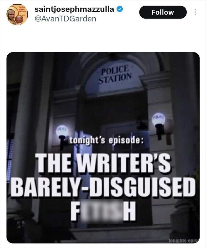 A police station sign above text reading tonight's episode: The Writer's Barely-Disguised F****h. Sydney Sweeney Euphoria scene.