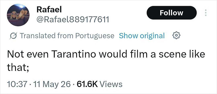 A Portuguese tweet from Rafael, translated, says "Not even Tarantino would film a scene like that." This relates to Sydney Sweeney career.
