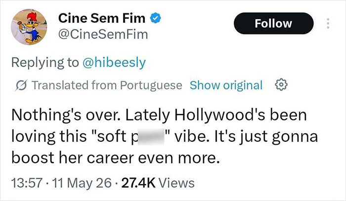 A tweet from Cine Sem Fim commenting on Sydney Sweeney's career, stating Hollywood loves the soft vibe and it will boost her career.