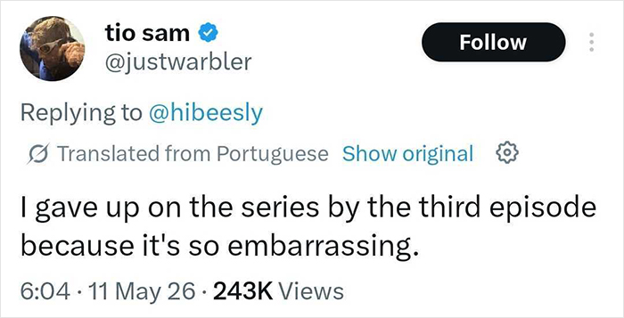 A tweet from Tio Sam saying he gave up on a series because it's embarrassing, potentially referencing Euphoria scenes.