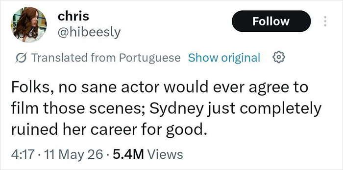 A tweet about Sydney Sweeney and her career, claiming she ruined it with Euphoria scenes.