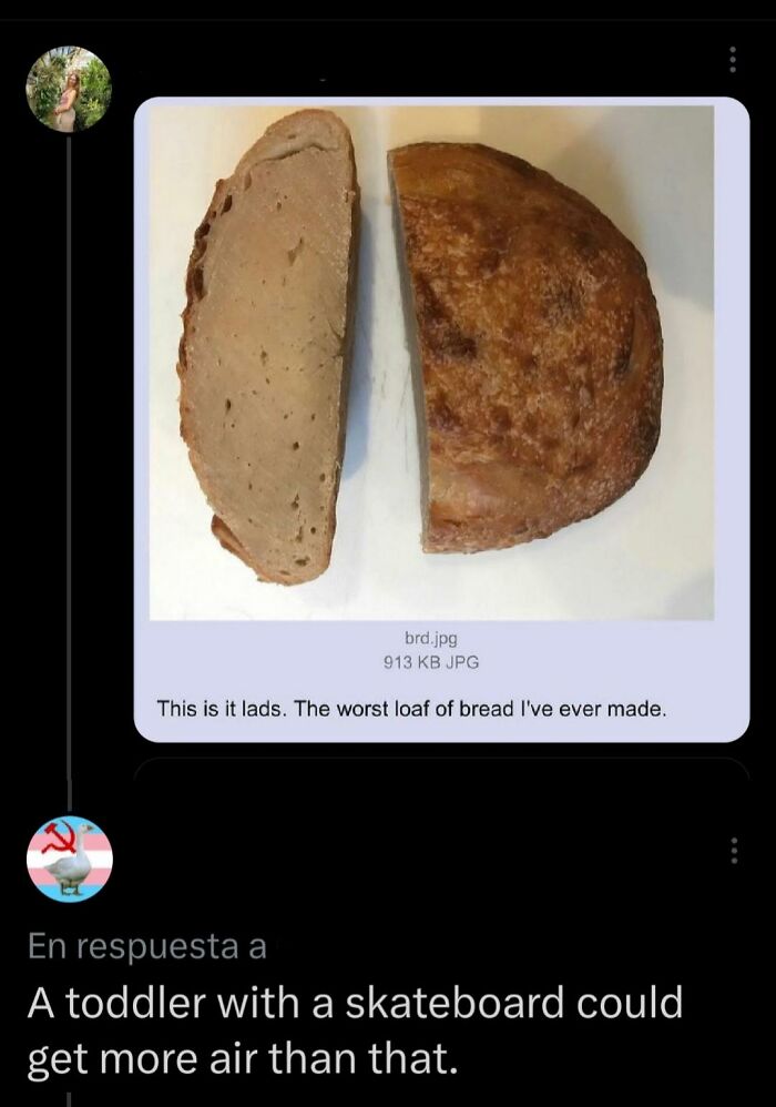 Photo of poorly baked loaf of bread with dense texture being roasted online