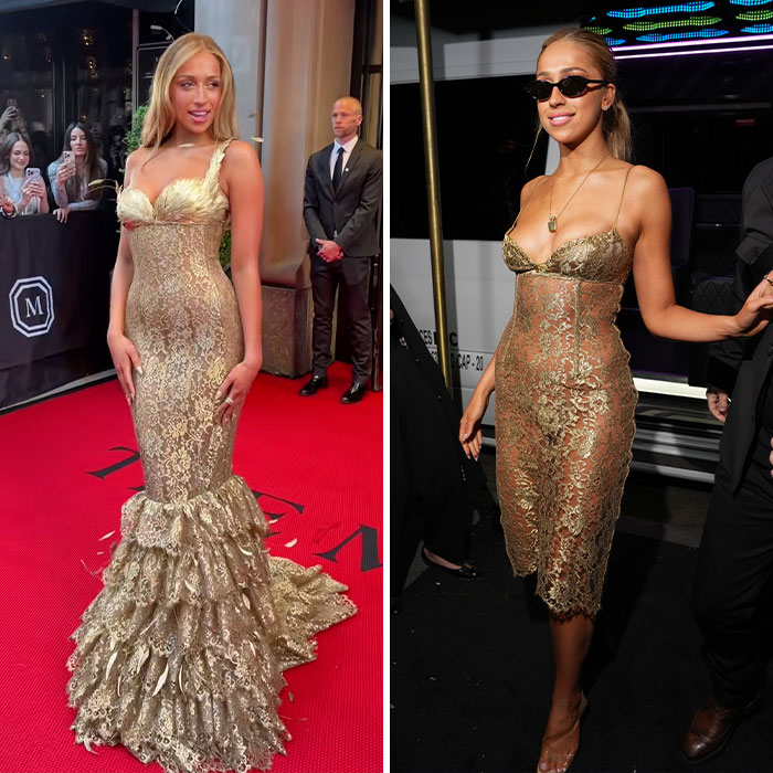 A star in a gold gown on a red carpet, then in a sheer gold dress at a Met Gala afterparty, showing fashion transformations.