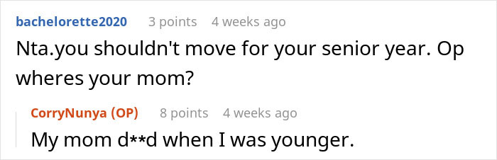 Comment about teen not moving for senior year after losing mother