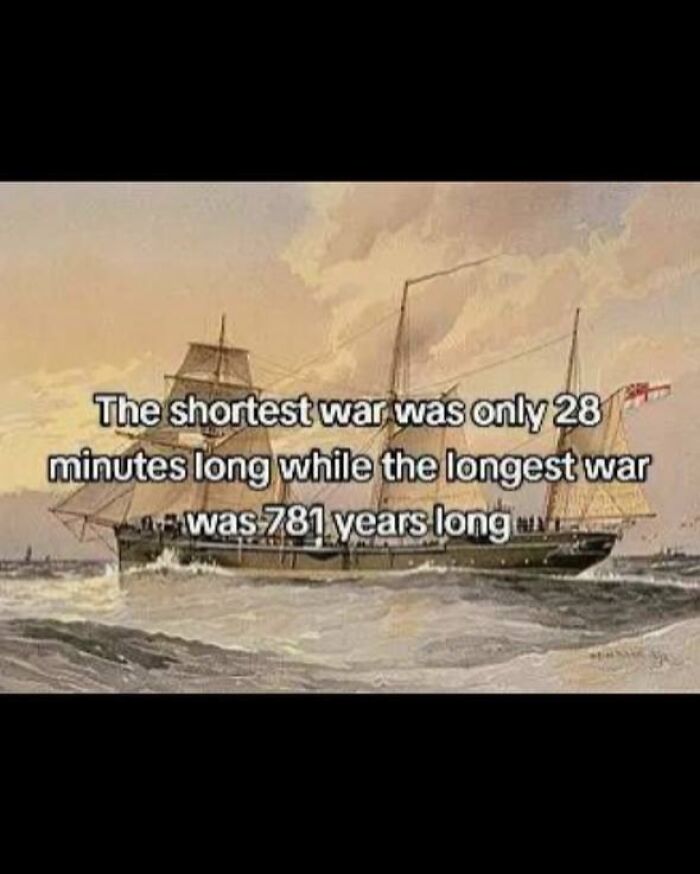 Painting of a ship with a fact about the shortest and longest wars in history