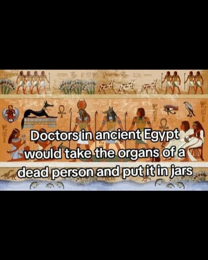 Ancient Egyptian mural depicting doctors preserving organs in jars