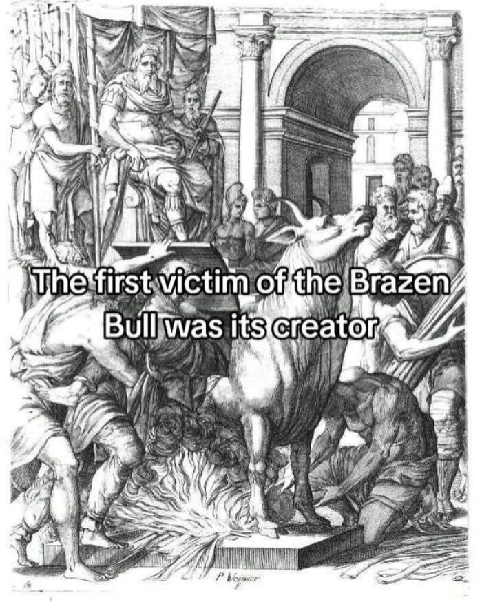 Historical drawing depicting the creator as the first victim of the Brazen Bull t*****e device