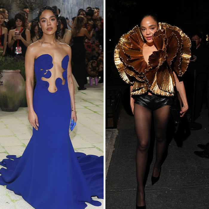Tessa Thompson's Met Gala fashion transformation: from a blue gown to a dramatic gold top and shorts for the Afterparty.
