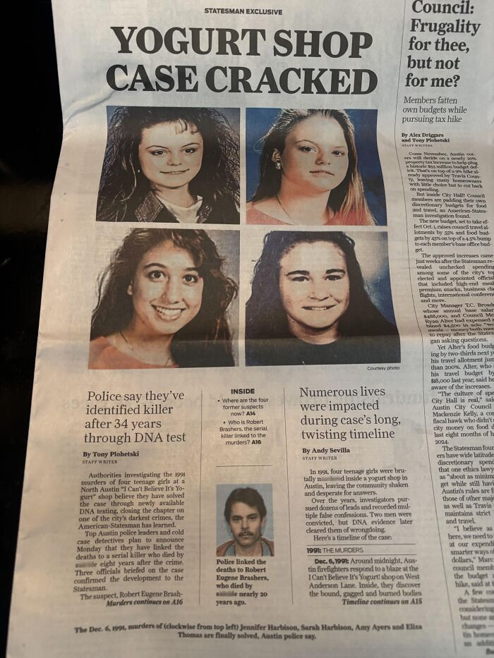 Newspaper headline on solved yogurt shop m****r case after DNA breakthrough
