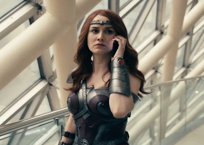 The Boys character Maeve in warrior costume using phone The Boys character Maeve in warrior costume using phone