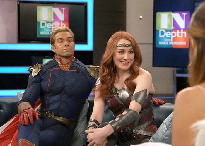 The Boys characters Homelander and Queen Maeve sitting during interview The Boys characters Homelander and Queen Maeve sitting during interview