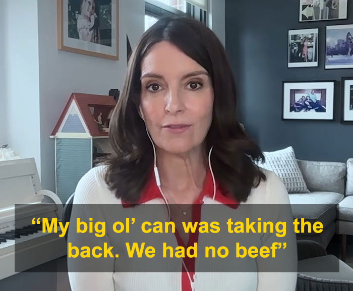 Tina Fey explaining manspreading controversy with quote on screen