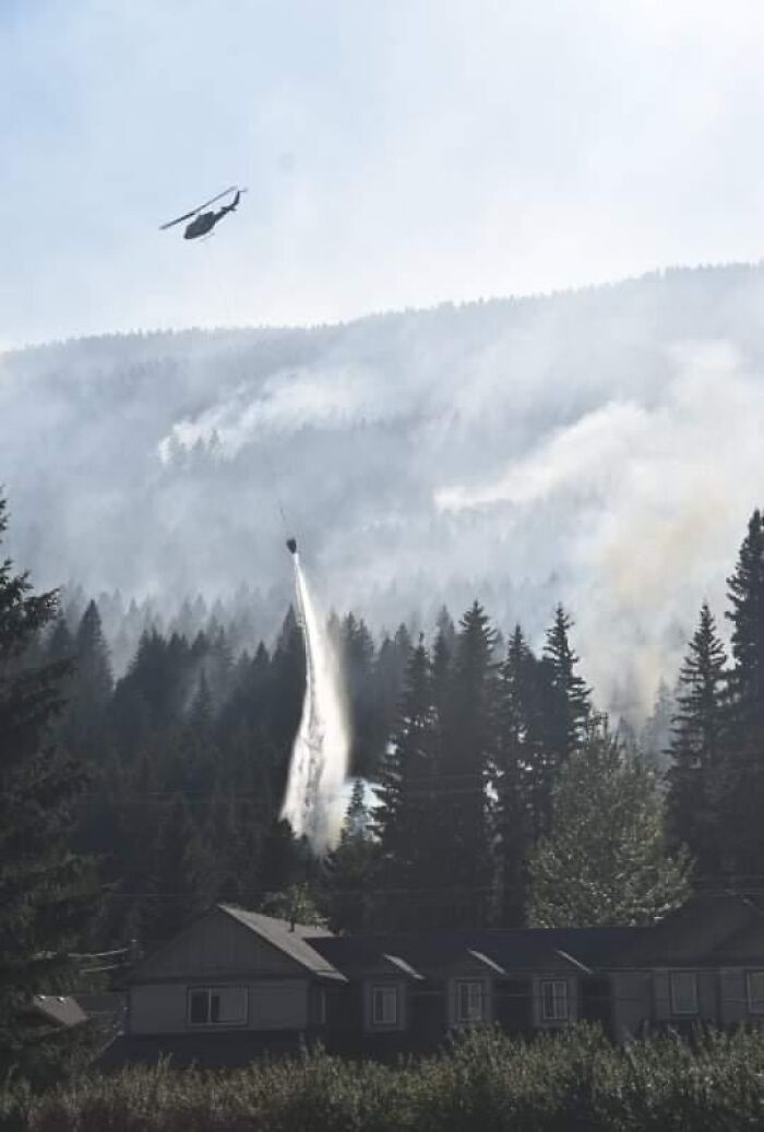 Helicopter firefighting over forest fire rare moments photo