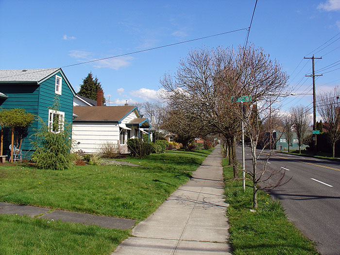 A quiet suburban street with houses and trees, representing US states glorified in movies.