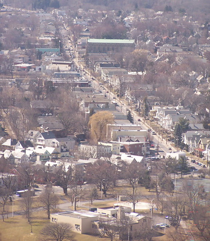 An aerial view of a sprawling city with numerous houses and bare trees, illustrating US states glorified in movies.