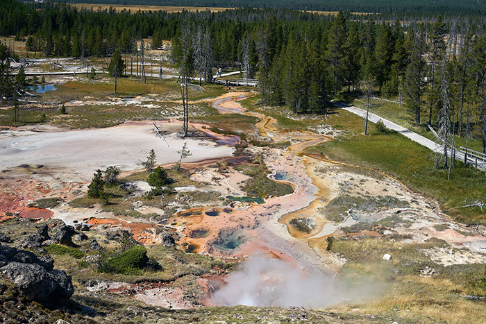 A geothermal area with colorful hot springs and steam rising, a natural wonder in some US States.