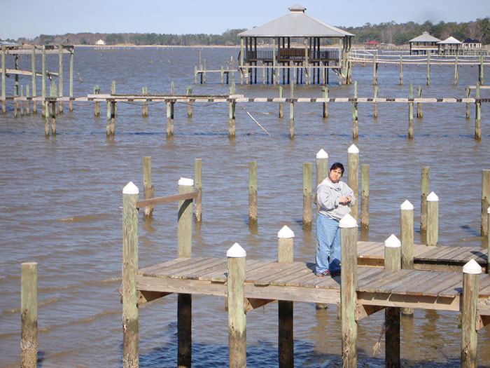 A person standing on a wooden pier over water with distant stilt houses, typical of US states glorified in movies.