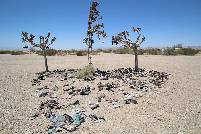 A unique desert art installation with shoes hanging from dried trees and scattered on the ground, a scene from US States.