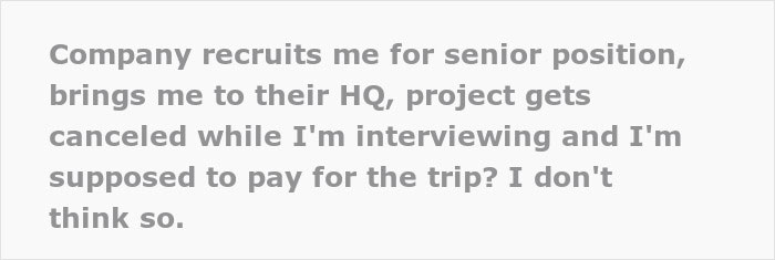 Text about company recruiting for senior position and trip payment dispute Text about company recruiting for senior position and trip payment dispute