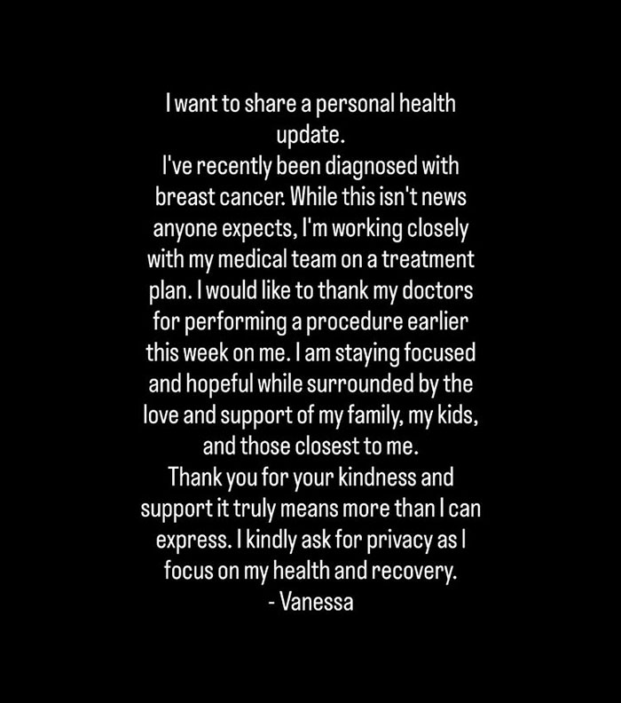 Screenshot of Vanessa Trump's emotional statement on her harrowing diagnosis, expressing gratitude for support.