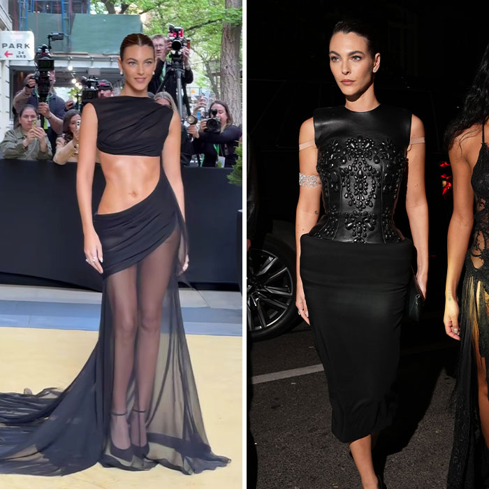 A woman in two Met Gala afterparty fashion transformations. Left: a sheer black gown. Right: a black embellished leather top and skirt.