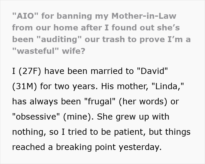 Text about banning mother-in-law after trash auditing discovery Text about banning mother-in-law after trash auditing discovery