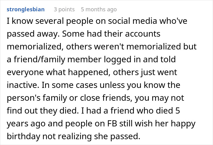 User describes social media accounts of deceased being memorialized or inactive