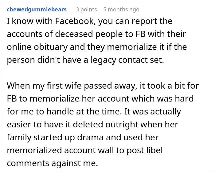 User explains reporting deceased accounts to Facebook for memorialization
