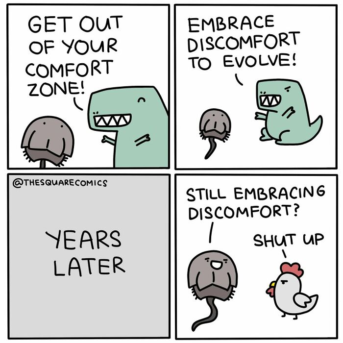 Evolution comic strip about discomfort and embracing change