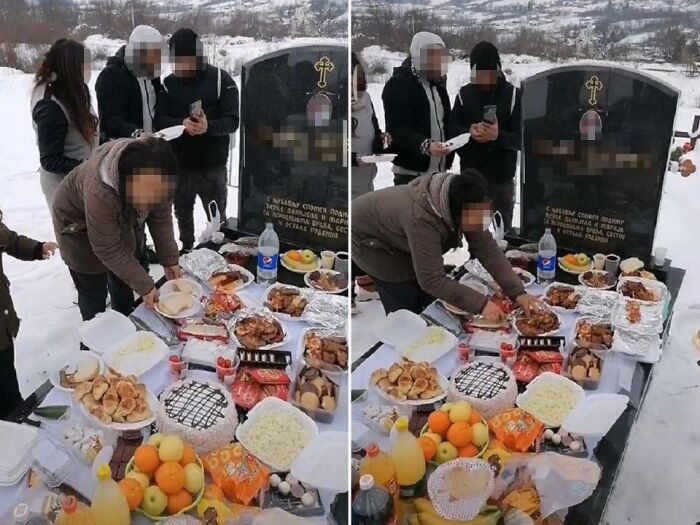 Traditional food offering on snowy gravesite showing unique cultural customs