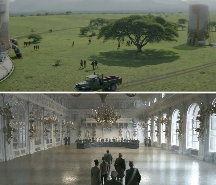 Scenic film still showing characters in a green field and a grand hall scene Scenic film still showing characters in a green field and a grand hall scene
