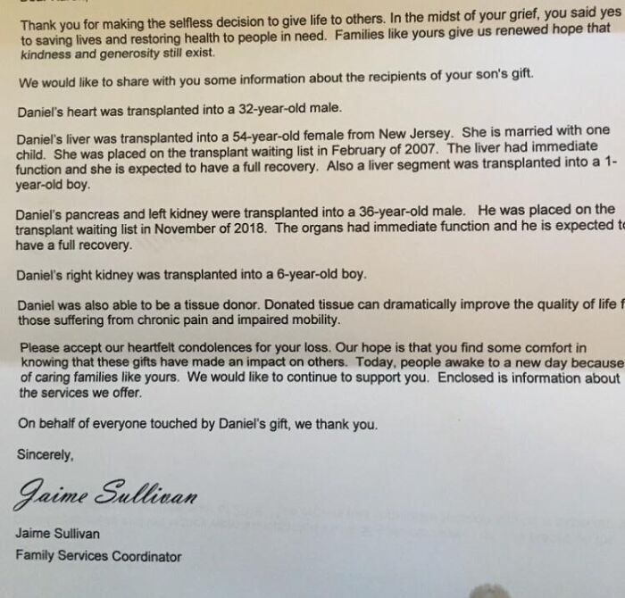 Letter detailing organ donation impact and gifts saving multiple lives from grief