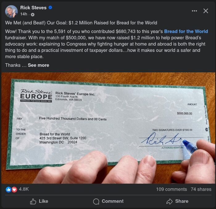 Large donation check for Bread for the World raised $1.2 million charity fundraiser