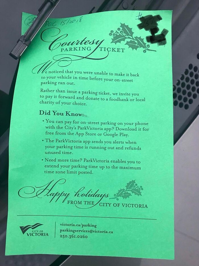 Courtesy parking ticket invites donation to local food bank charity