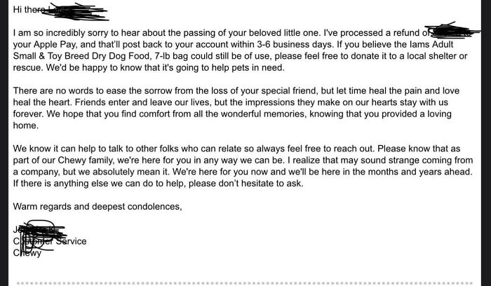 Screenshot of heartfelt condolence message for lost pet with refund offer