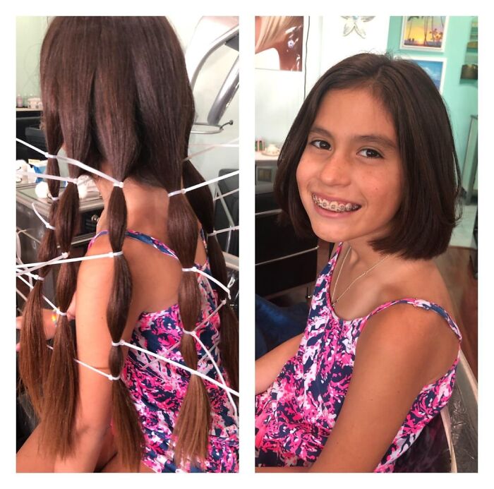 Young girl with long hair before and after haircut for donation