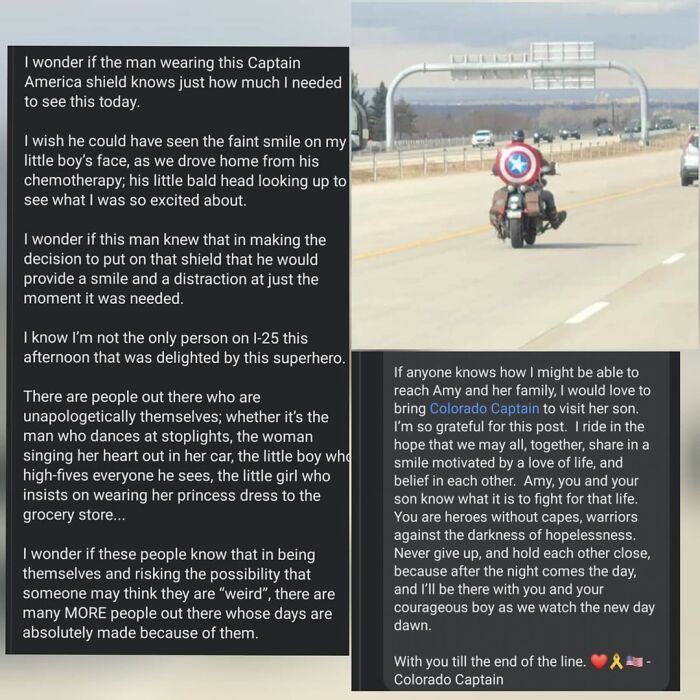 Man on motorcycle with Captain America shield inspires hope during son's chemotherapy journey