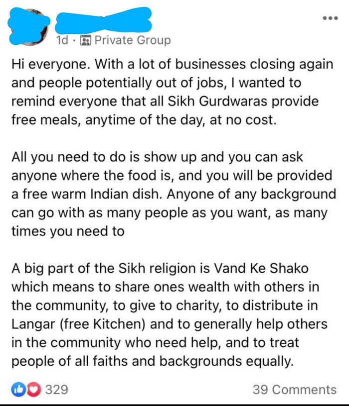 Post explaining Sikh Gurdwaras provide free meals anytime to support community