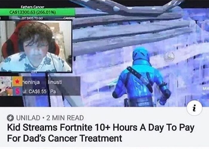 Screenshot of a kid live streaming Fortnite to pay for dad's cancer treatment