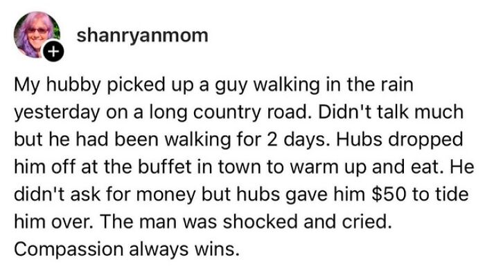 Post about husband helping a stranger walking in rain with money and compassion