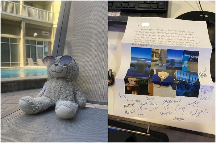 Stuffed bear wearing sunglasses next to a heartfelt farewell letter