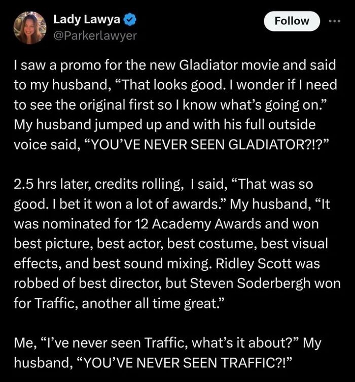 Tweet sharing a funny conversation about watching Gladiator and Traffic movies