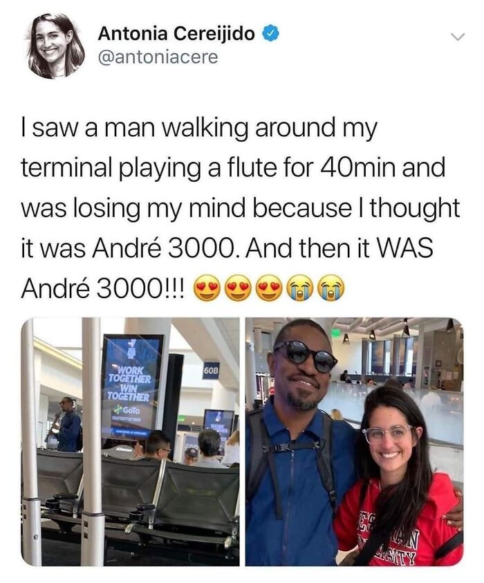 Tweet about meeting André 3000 playing flute at an airport terminal