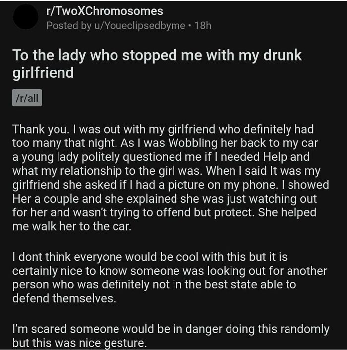Wholesome Reddit story about a lady helping with a drunk girlfriend