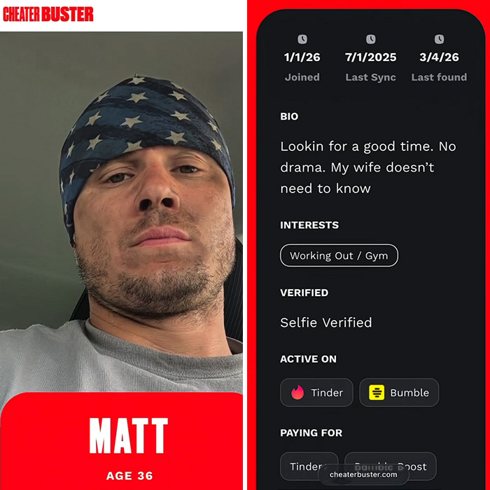 Perfil de namoro de homem do aplicativo cheater buster mostrando vida secreta